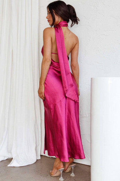 Halter Back Sash Strap Satin Side Slit Midi Dress