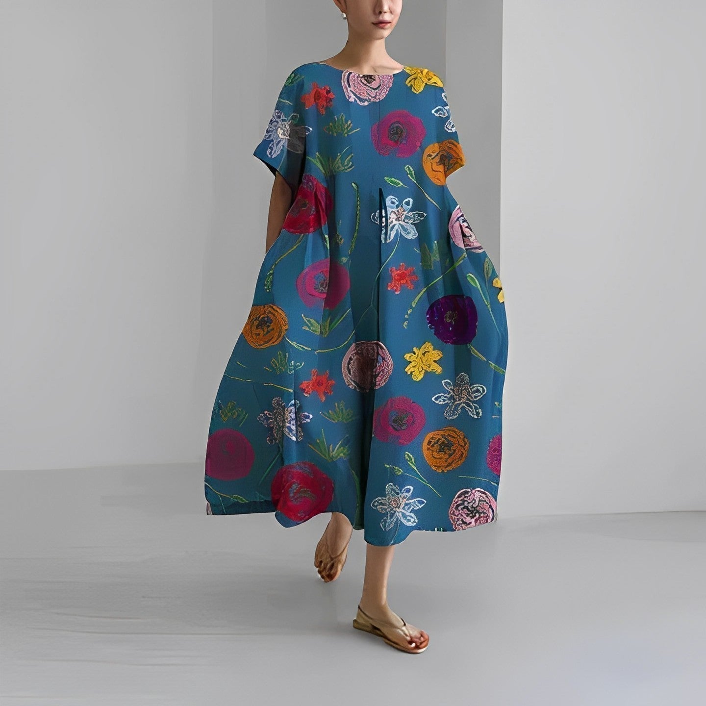 Oversized Abstract Floral Print Crew Neck Short Sleeve A-Line Midi Dress