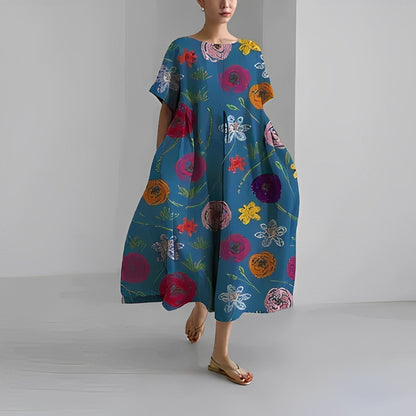 Oversized Abstract Floral Print Crew Neck Short Sleeve A-Line Midi Dress