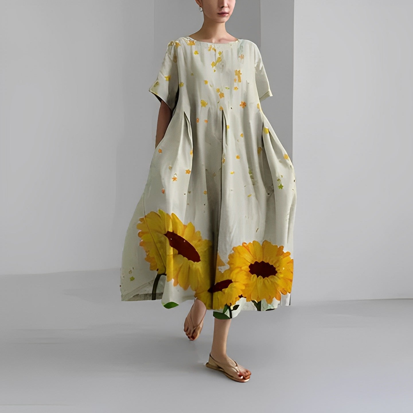 Oversized Abstract Floral Print Crew Neck Short Sleeve A-Line Midi Dress