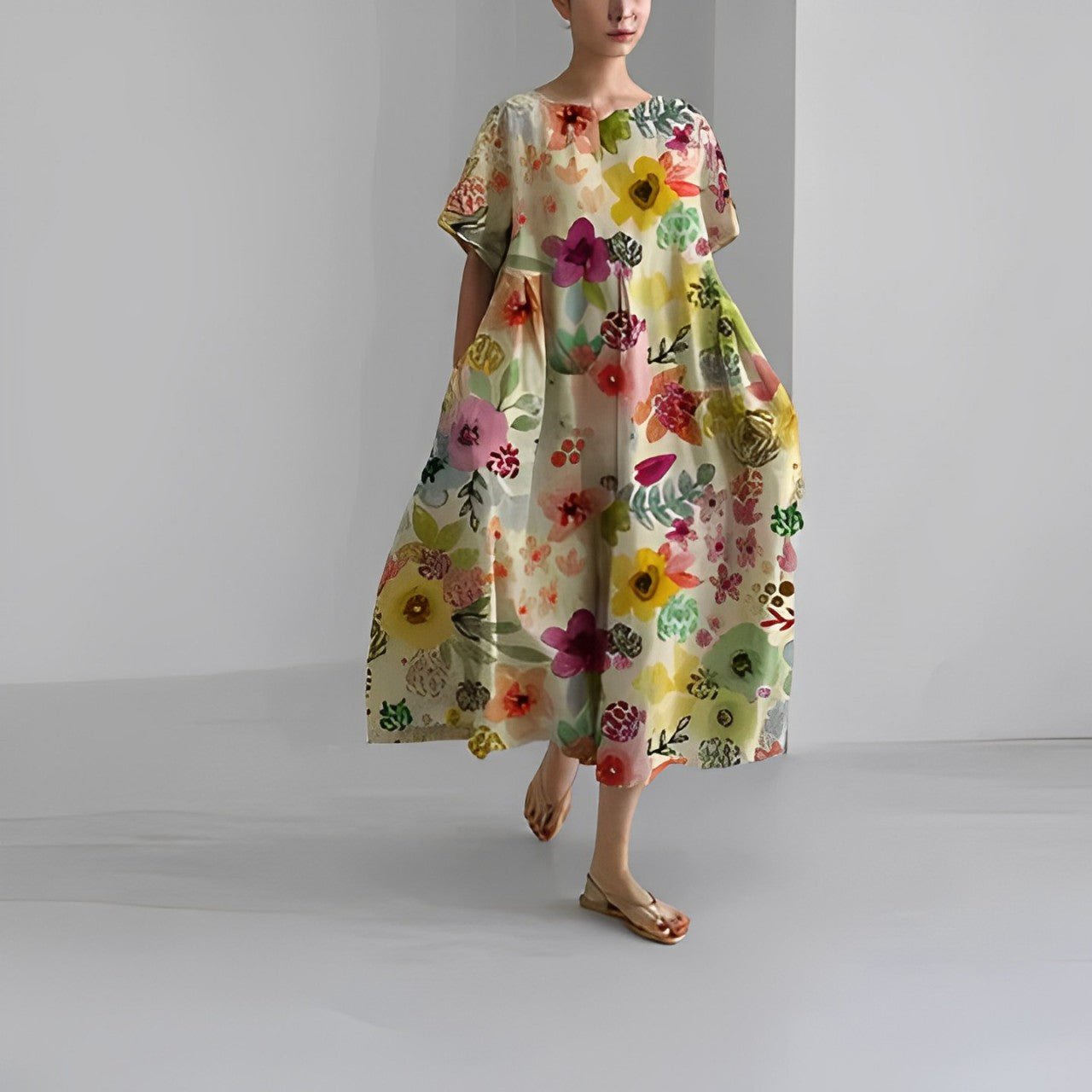 Oversized Abstract Floral Print Crew Neck Short Sleeve A-Line Midi Dress