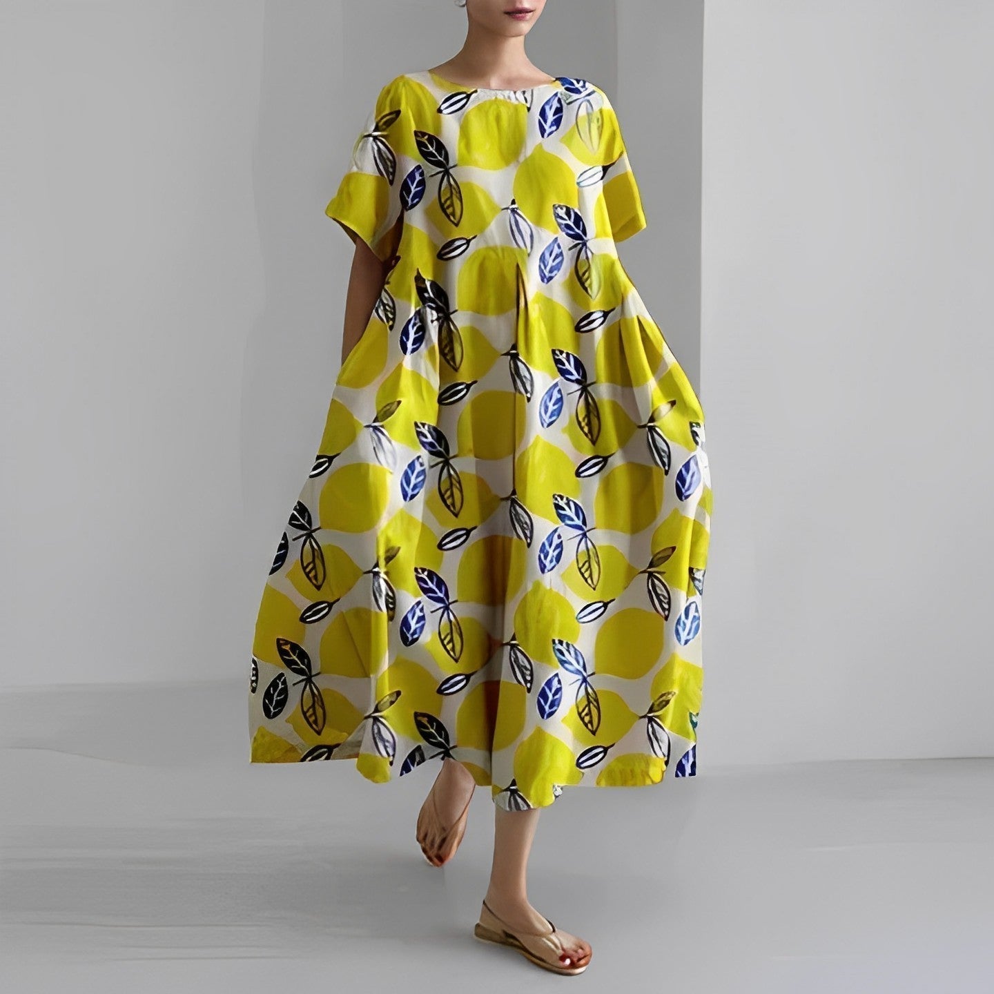 Oversized Abstract Floral Print Crew Neck Short Sleeve A-Line Midi Dress