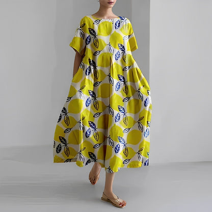 Oversized Abstract Floral Print Crew Neck Short Sleeve A-Line Midi Dress