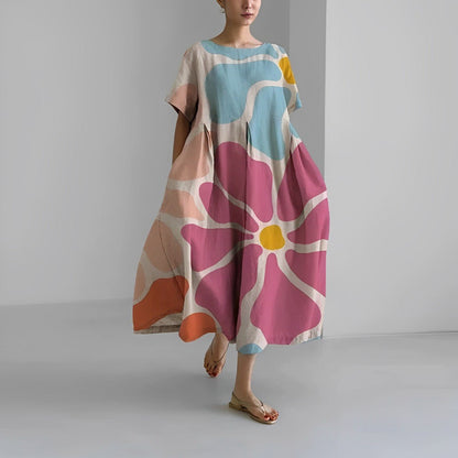 Oversized Abstract Floral Print Crew Neck Short Sleeve A-Line Midi Dress