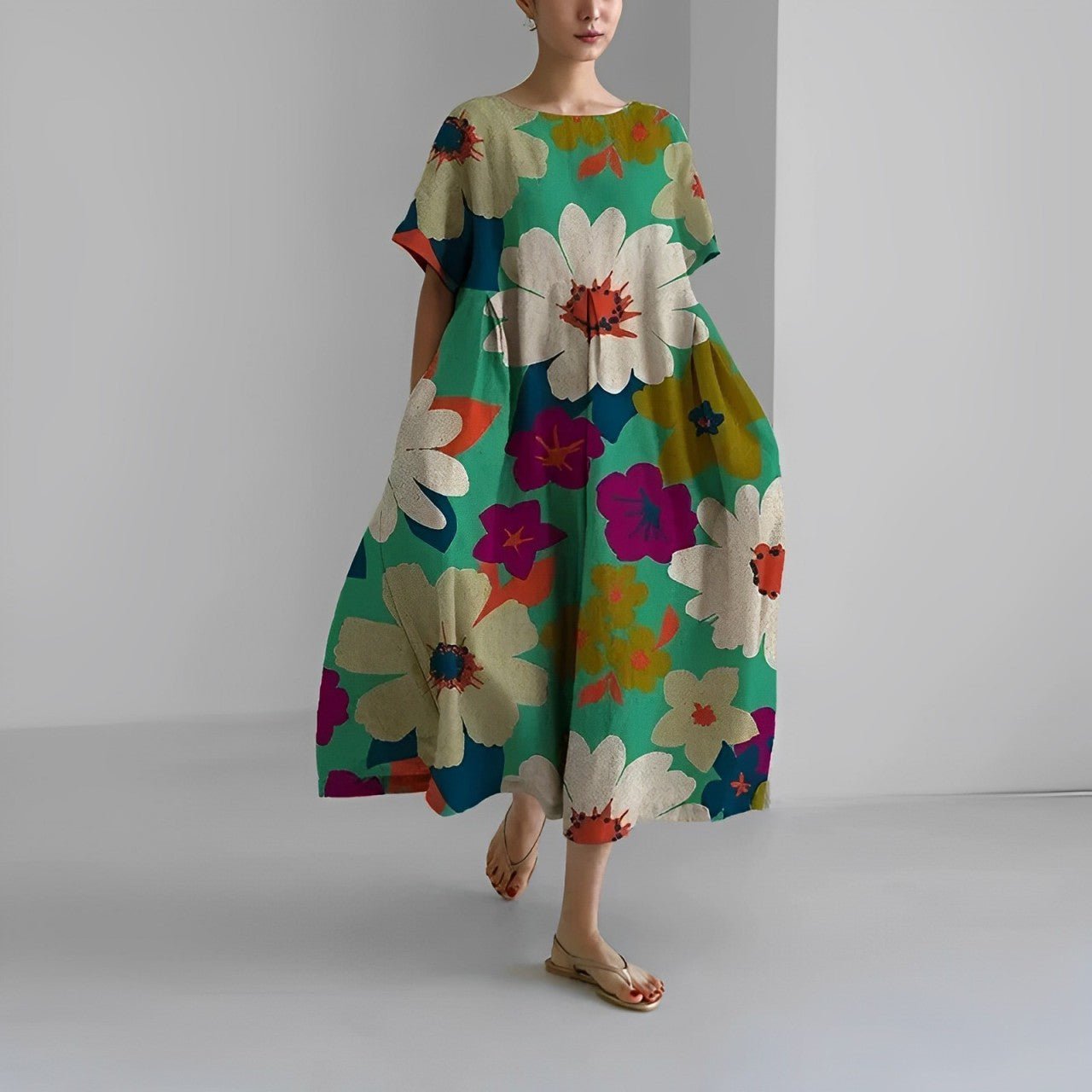 Oversized Abstract Floral Print Crew Neck Short Sleeve A-Line Midi Dress
