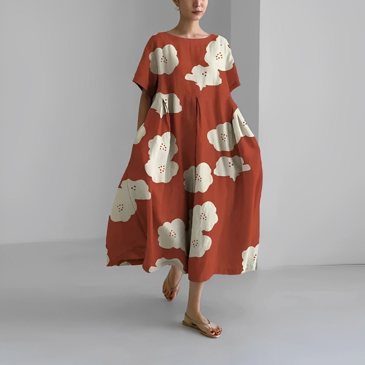 Oversized Abstract Floral Print Crew Neck Short Sleeve A-Line Midi Dress