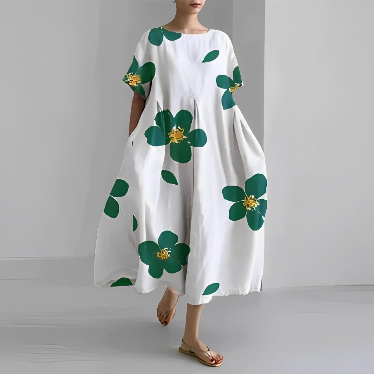 Oversized Abstract Floral Print Crew Neck Short Sleeve A-Line Midi Dress