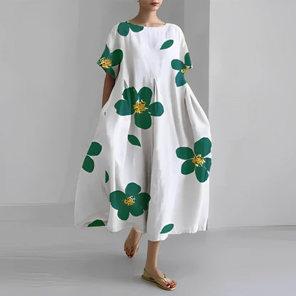 Oversized Abstract Floral Print Crew Neck Short Sleeve A-Line Midi Dress