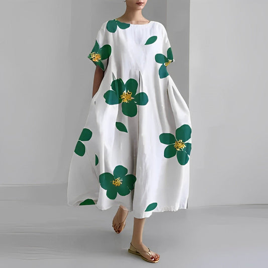 Oversized Abstract Floral Print Crew Neck Short Sleeve A-Line Midi Dress