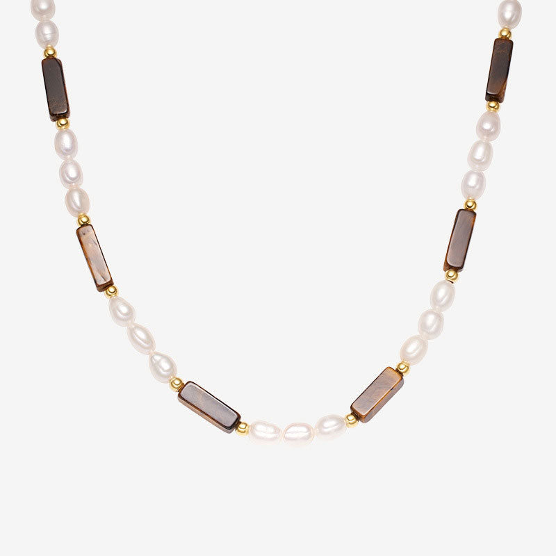 Freshwater Pearl and Tiger Eye Baguette Choker Necklace