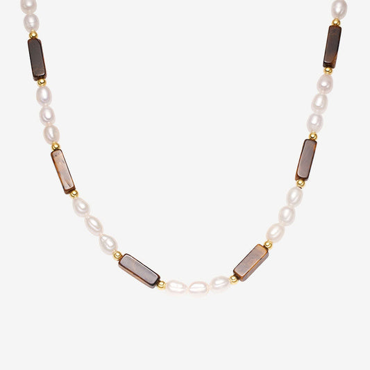 Freshwater Pearl and Tiger Eye Baguette Choker Necklace