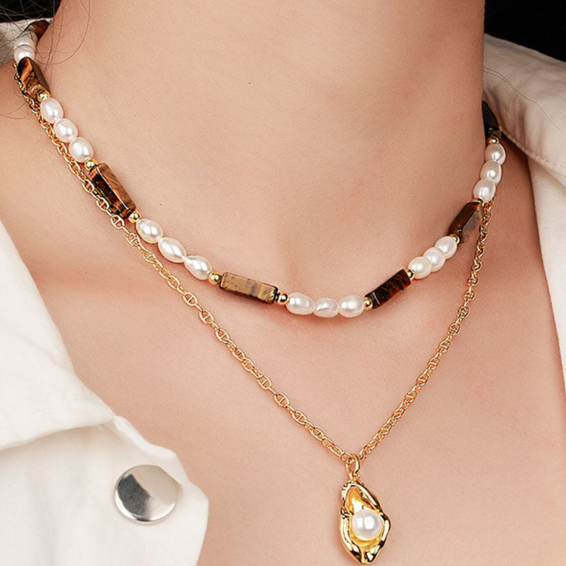 Freshwater Pearl and Tiger Eye Baguette Choker Necklace