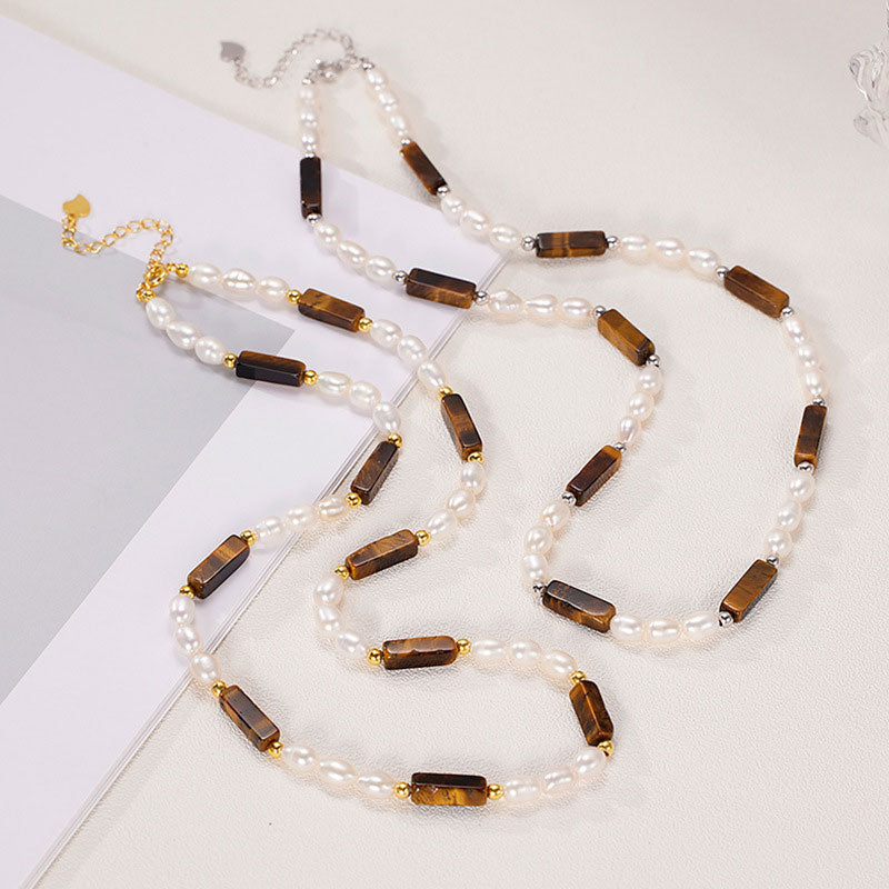 Freshwater Pearl and Tiger Eye Baguette Choker Necklace