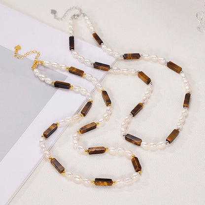 Freshwater Pearl and Tiger Eye Baguette Choker Necklace