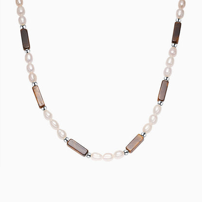 Freshwater Pearl and Tiger Eye Baguette Choker Necklace