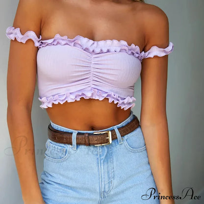 New Cute Purple Off Shouler Crop Ruffles t shirtTube For Women Summer Clothes Tank top