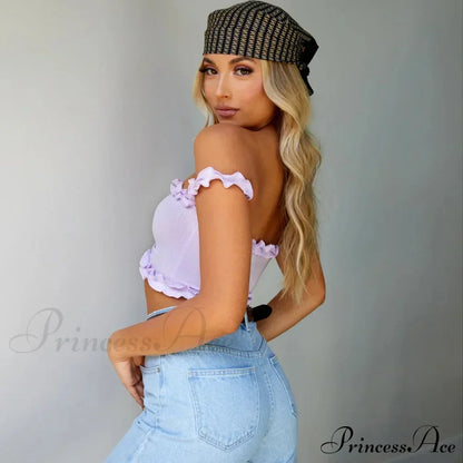 New Cute Purple Off Shouler Crop Ruffles t shirtTube For Women Summer Clothes Tank top