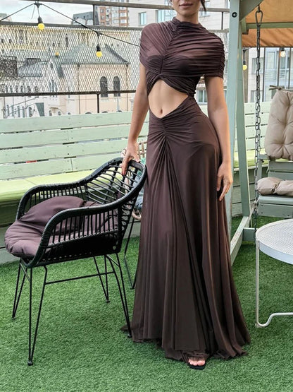 Mock Neck Cap Sleeve Cutout Ruched Maxi Dress