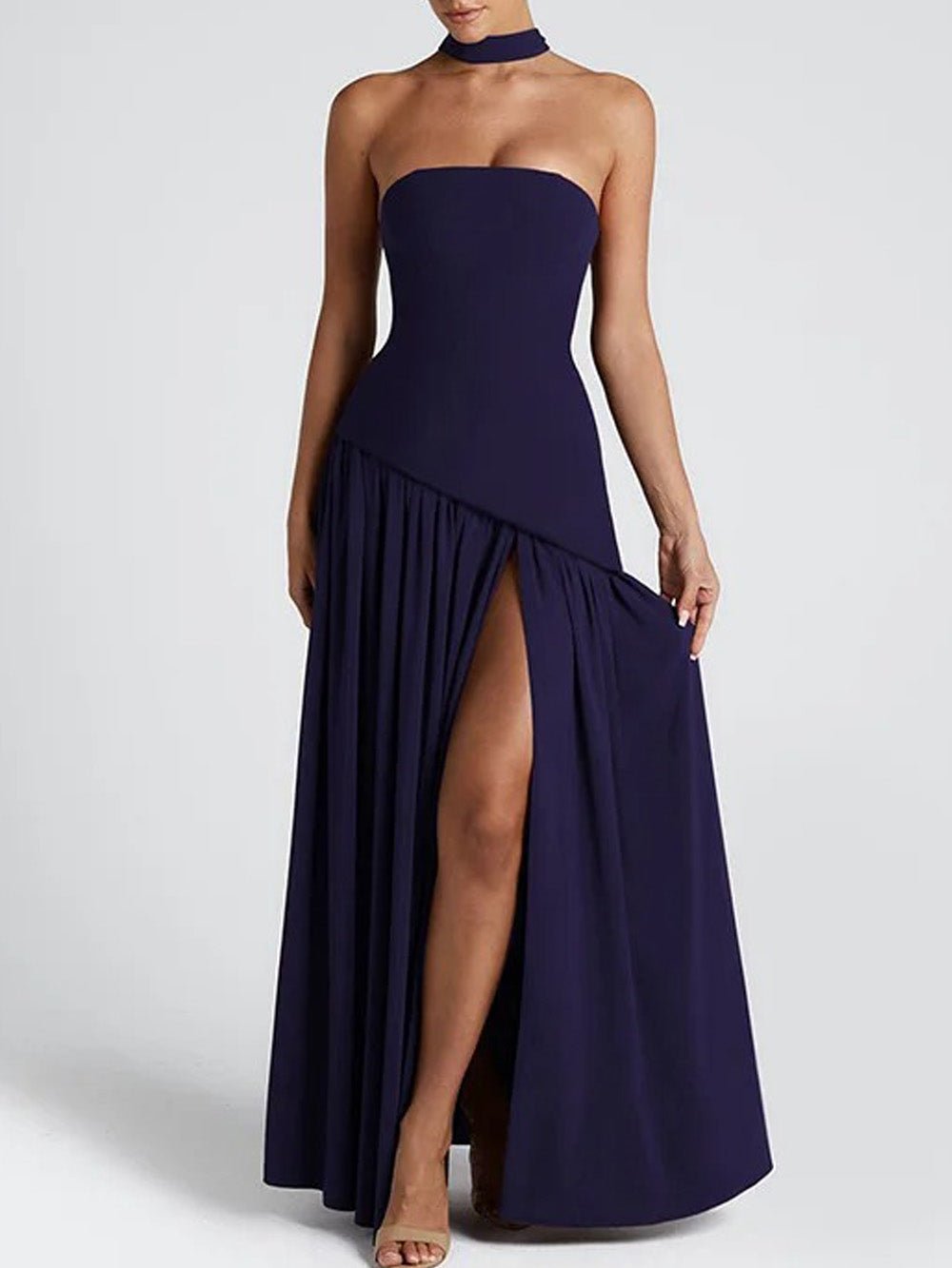 Strapless Choker Neck Asymmetric Dropped Waist Pleated High Slit Maxi Gown