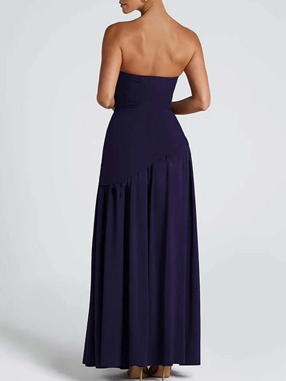 Strapless Choker Neck Asymmetric Dropped Waist Pleated High Slit Maxi Gown