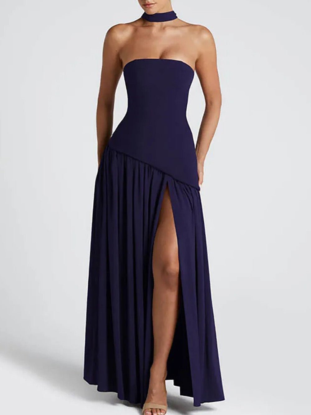 Strapless Choker Neck Asymmetric Dropped Waist Pleated High Slit Maxi Gown