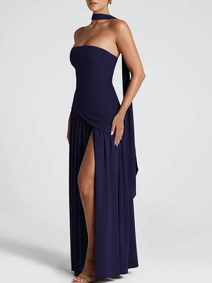 Strapless Choker Neck Asymmetric Dropped Waist Pleated High Slit Maxi Gown