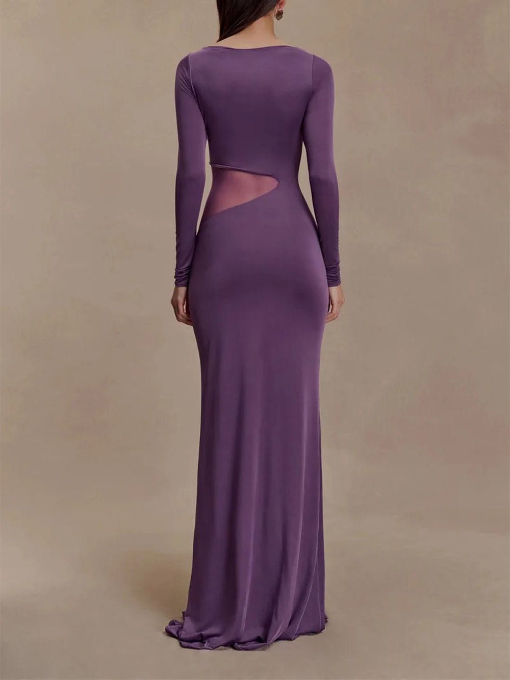 Boat Neck Long Sleeve Mesh Side Cut Out High Slit Maxi Dress