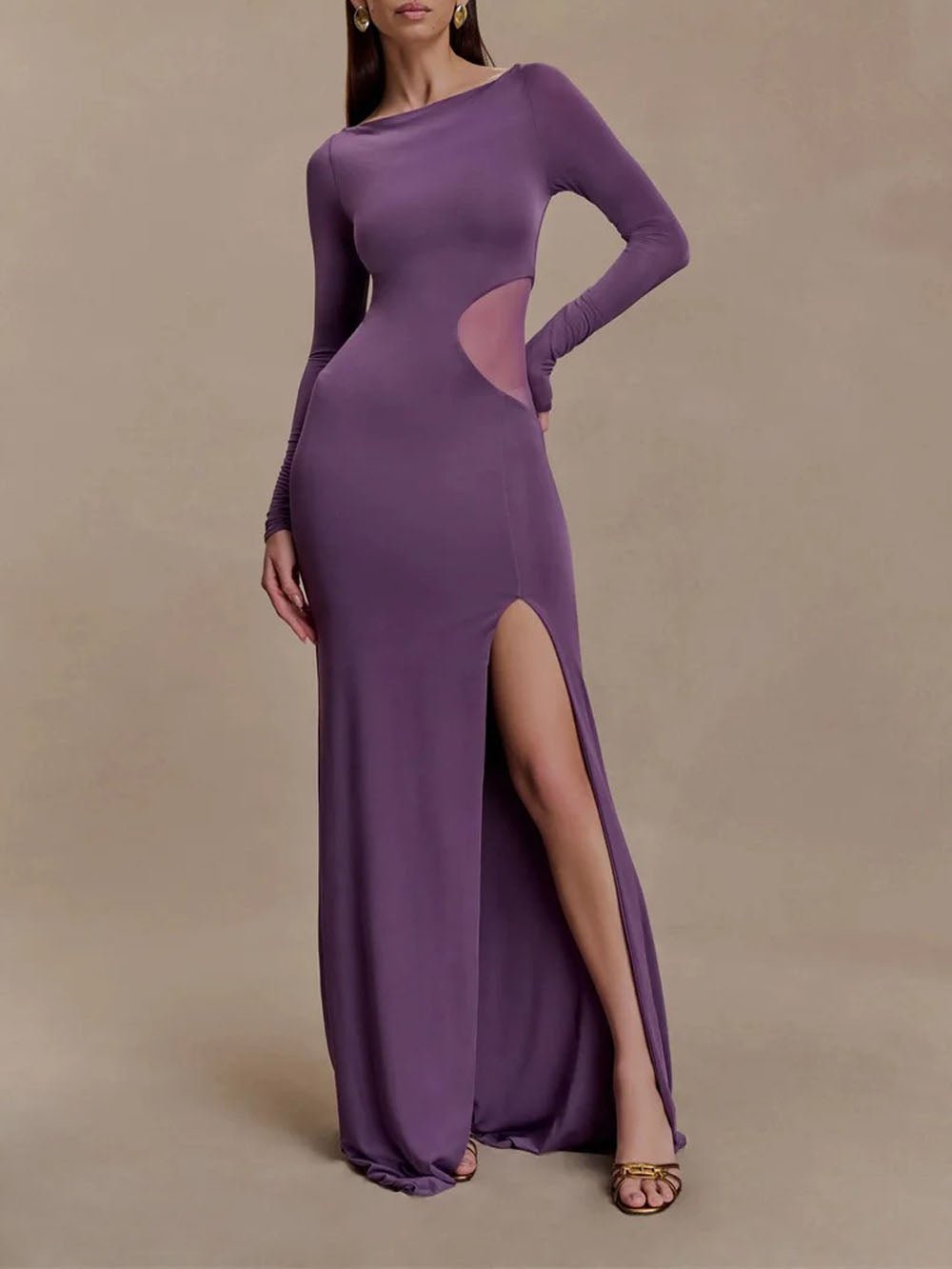 Boat Neck Long Sleeve Mesh Side Cut Out High Slit Maxi Dress