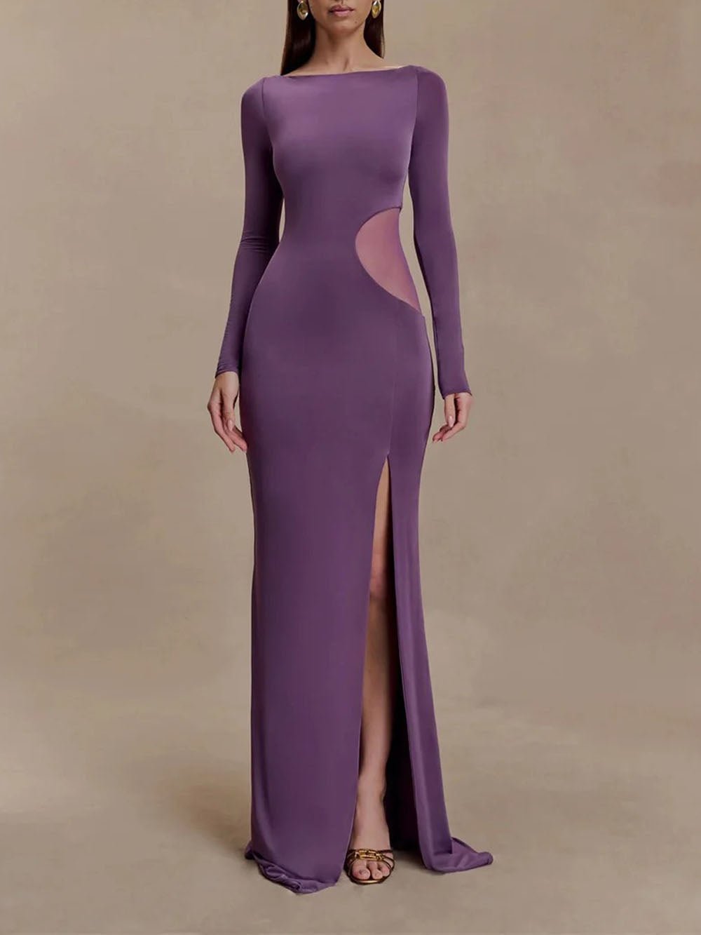 Boat Neck Long Sleeve Mesh Side Cut Out High Slit Maxi Dress