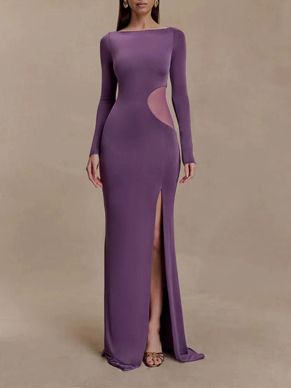 Boat Neck Long Sleeve Mesh Side Cut Out High Slit Maxi Dress