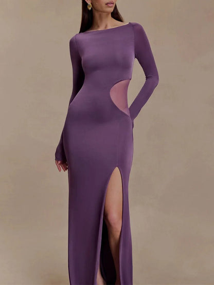 Boat Neck Long Sleeve Mesh Side Cut Out High Slit Maxi Dress