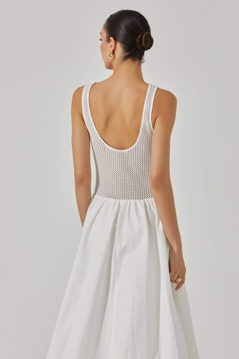 Knit Crochet Bodice Gathered Skirt Scoop Neck Sleeveless Midi Dress
