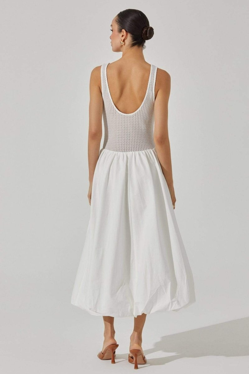 Knit Crochet Bodice Gathered Skirt Scoop Neck Sleeveless Midi Dress