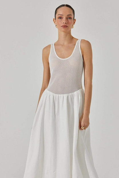 Crochet Knit Scoop Neck Mixed Media Gathered Waist Midi Dress