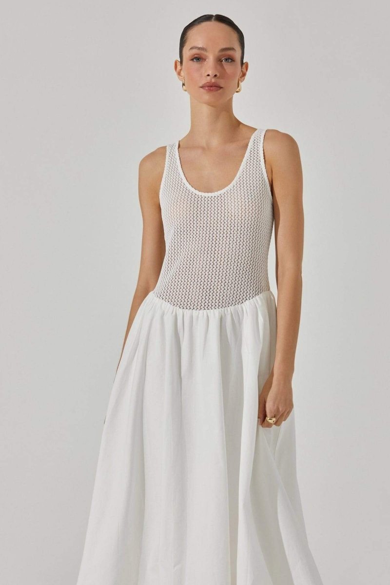 Knit Crochet Bodice Gathered Skirt Scoop Neck Sleeveless Midi Dress