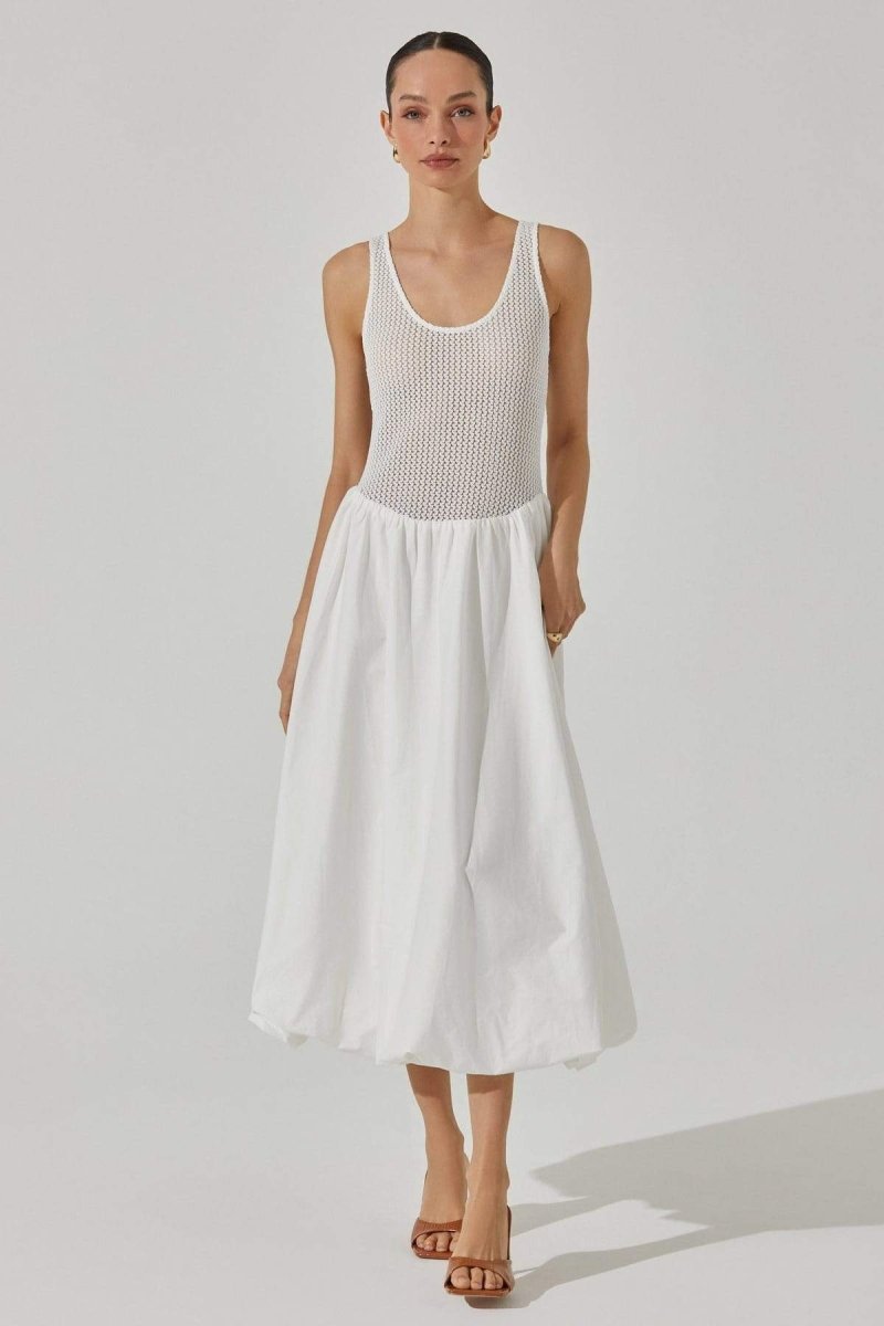 Knit Crochet Bodice Gathered Skirt Scoop Neck Sleeveless Midi Dress