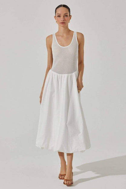 Knit Crochet Bodice Gathered Skirt Scoop Neck Sleeveless Midi Dress