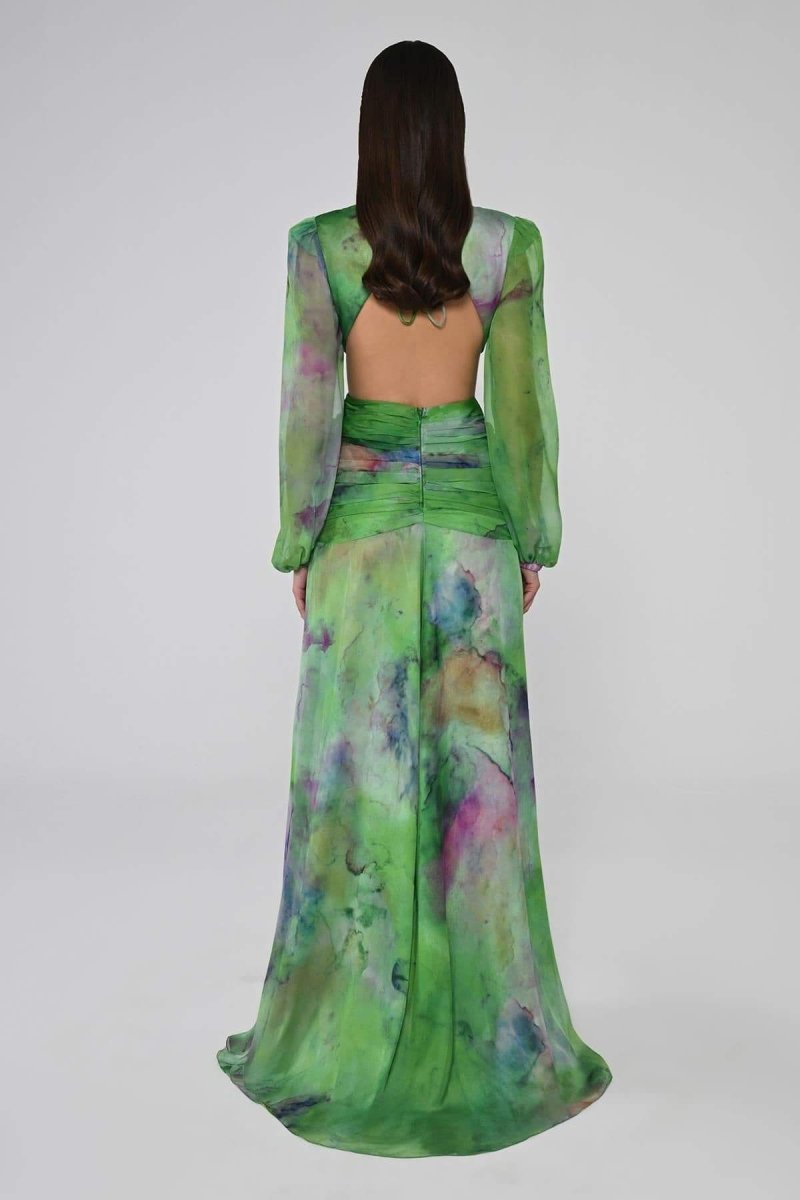 Abstract Watercolor Print Plunging V-Neck Bishop Sleeve Waist Cutout Slit Maxi Gown