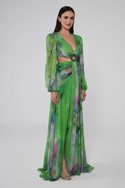 Abstract Watercolor Print Plunging V-Neck Bishop Sleeve Waist Cutout Slit Maxi Gown
