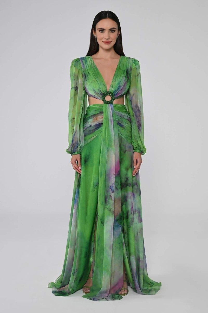 Abstract Watercolor Print Plunging V-Neck Bishop Sleeve Waist Cutout Slit Maxi Gown
