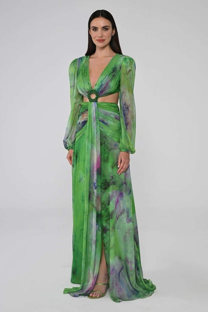 Abstract Watercolor Print Plunging V-Neck Bishop Sleeve Waist Cutout Slit Maxi Gown