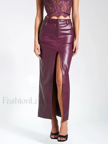 Noya Purple Front Charming Slit Vegan Leather Skirt