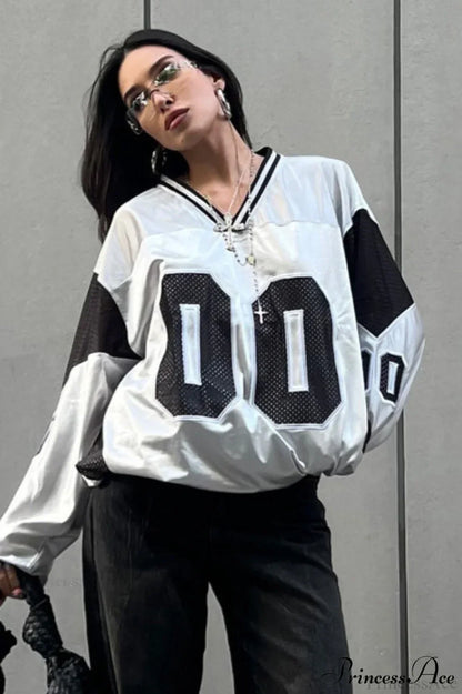 Number Print V Neck Color Block Loose Sweatshirt