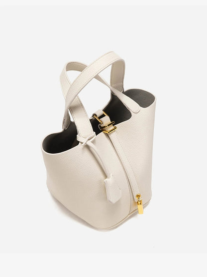 | Textured Leather Bucket Bag with Gold Lock