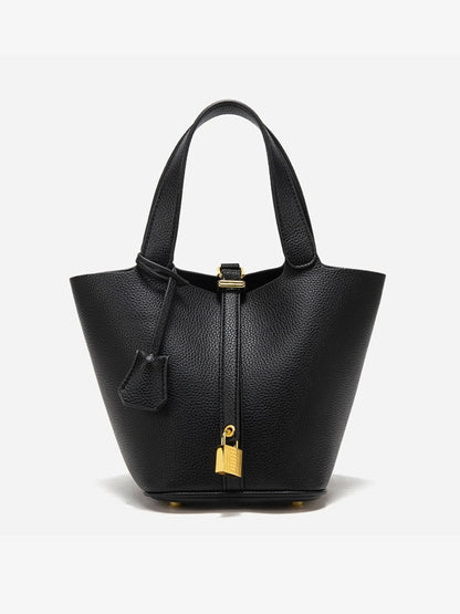| Textured Leather Bucket Bag with Gold Lock