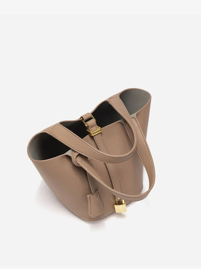 | Textured Leather Bucket Bag with Gold Lock