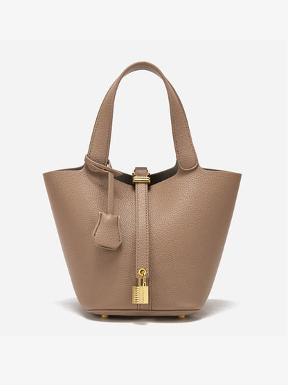| Textured Leather Bucket Bag with Gold Lock