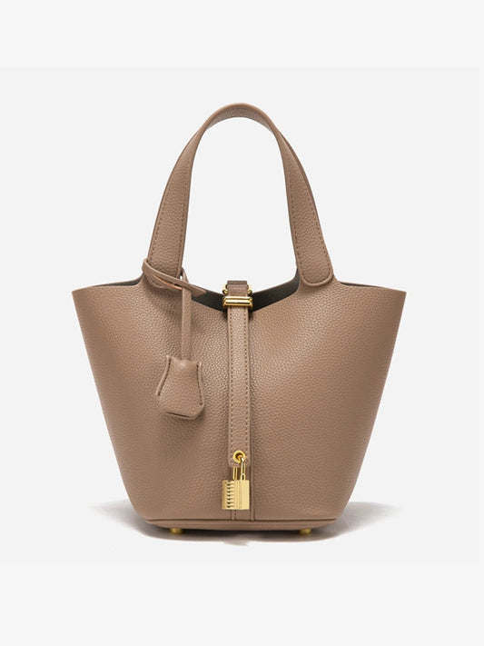 | Textured Leather Bucket Bag with Gold Lock
