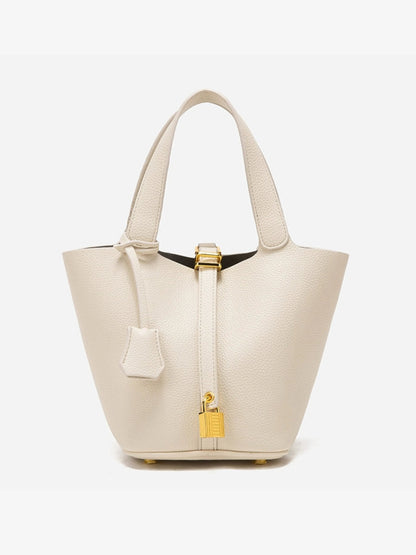 | Textured Leather Bucket Bag with Gold Lock