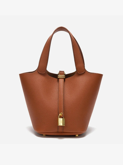 | Textured Leather Bucket Bag with Gold Lock